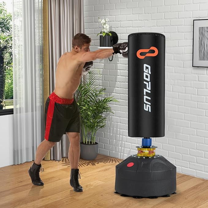 Goplus Freestanding Punching Bag, 220LBS Heavy Boxing Bag with Gloves, Shock Absorber, 12 Suction Cup Base, Kickboxing Bag with Stand for Adults Youth Men Women Home Gym