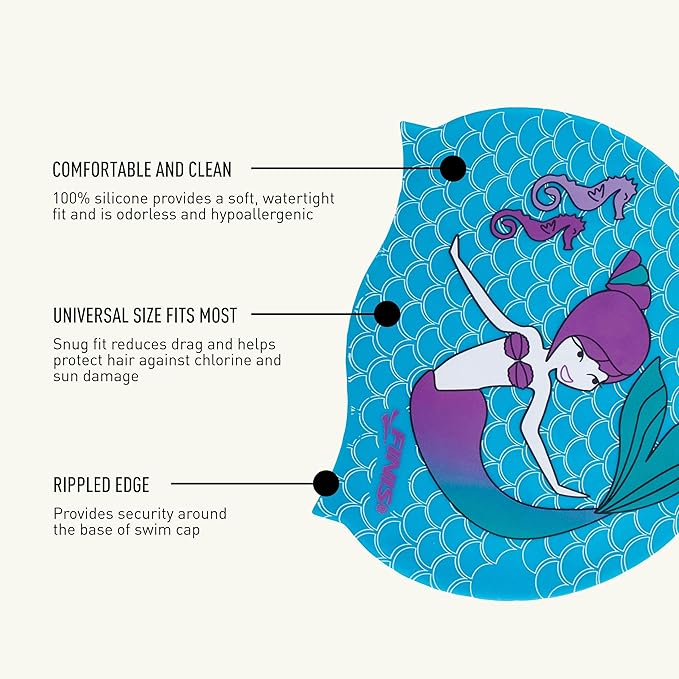 FINIS Mermaid Kids Swim Cap - 100% Silicone - Fun Prints - Universal Fit - Chlorine Protection