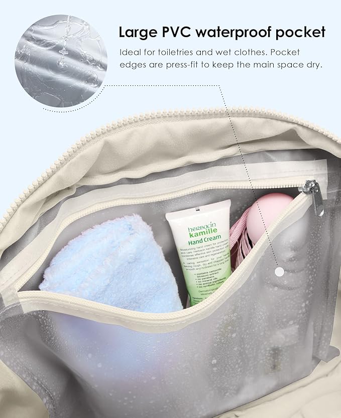 Gym Bag for Women, Travel Duffle Bags with Wet Pocket, Lightweight Carry on Bag Overnight Weekender Duffel Bag, Water Resistant (Beige)