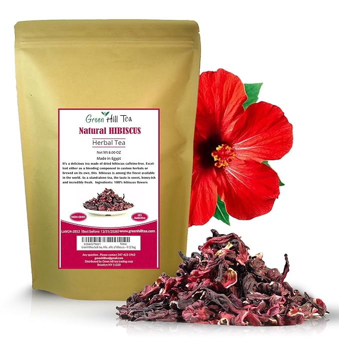 Greenhilltea bulk tea, Hibiscus herbal Tea, Fully natural and healthy loose leaf tea contains benefits of Hibiscus – 8 OZ Bag