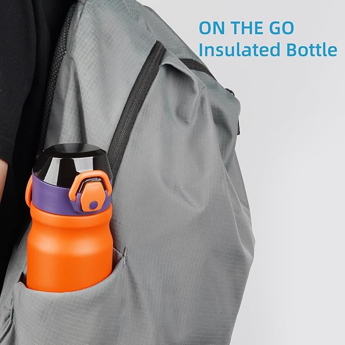 Insulated Water Bottle with Straw and Carry Loop,18 oz Stainless Steel Double Wall Vaccum Metal Water Flask with Leak-proof Lid,Orange