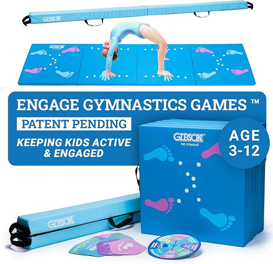 Gibson Athletic Engage Gymnastics Games, At Home Gymnastics Gym Equipment For Aspiring Gymnasts, Folding Tumbling Mat With Carry Handles, Folding Balance Beam, Spinning Wheel, Kids Exercise, Multiple Set-Up Options