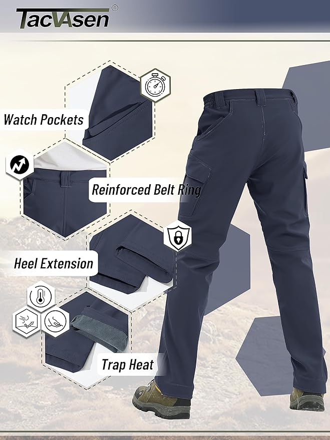 TACVASEN Men's Winter Pants 9 Pockets Fleece Snow Hiking Pants Water-Resistant Warm Softshell Thick Tactical Pants