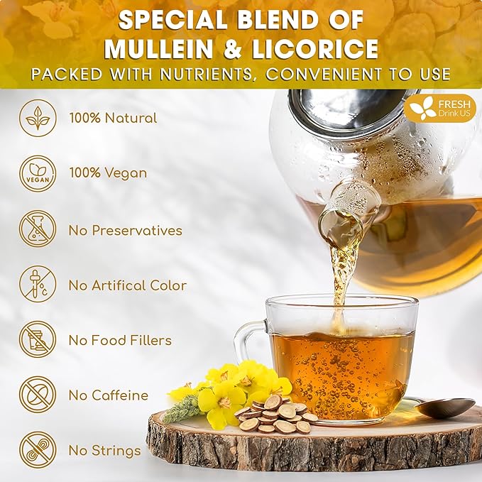 FreshDrinkUS, Premium 75 Mullein Licorice Tea Bags, 100% Natural, Blend of Mullein Leaves, and Licorice Root. Made with Natural Material Tea Bags. No Sugar, Vegan.