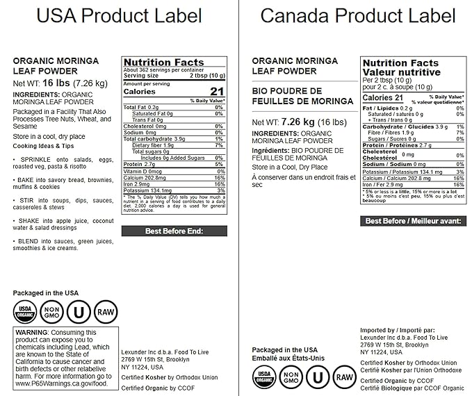 Food to Live Organic Moringa Leaf Powder, 16 Pounds - Non-GMO, Kosher, Raw, Vegan, Bulk, Ground Moringa Oleifera Leaf, Sun-Dried, Great for Drinks, Teas and Smoothies