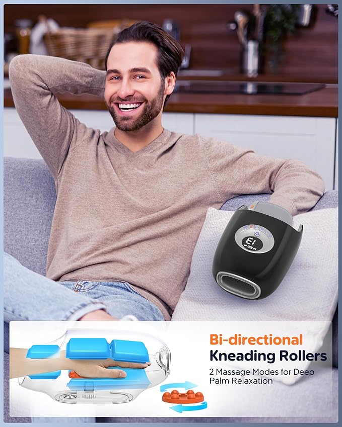 Hand Massager with Heat and Compression : Full Hand and Wrist Massage with Palm Kneading Rollers - Gifts for Arthritis Pain Relief Relaxation & Circulation - HSA or FSA Eligible