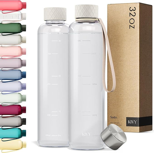 KIVY Slim Water Bottle 32oz [Lightweight & Shatterproof] Fits Backpack & Cupholder for Travel, Sports, School, Gym - Clear water bottle with measurements - Transparent Tritan Beige - Dishwasher Safe