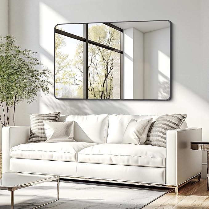 FORBATH Black Bathroom Mirror, Rectangular Vanity Mirror 26" X 38" Wall Mounted Rounded Corner Farmhouse Metal Framed Bath Mirror for Living Room Bedroom Entryway Decor, Hangs Horizontal or Vertical