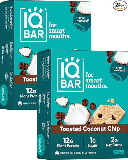 IQBAR Brain and Body Plant Protein Bars - Toasted Coconut Chip - 24-Count Low Carb - Gluten Free, High Fiber, Vegan Snacks - Low Sugar Meal Replacement