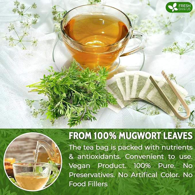 FreshDrinkUS, Premium 25 Mugwort Leaf Tea Bags, 100% Natural and Pure Mugwort Leaves. Loose Leaf Mugwort Herbal Tea. Mugwort Leaf Tea. No Sugar, No Caffeine, No Gluten, Vegan. (25 Tea Bags)