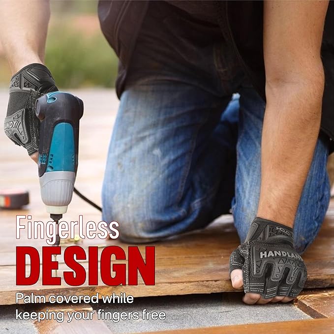 HANDLANDY Fingerless Work Gloves for Men, Padded Half Finger Tactical Mechanics Gloves, Utility Trucker Driver Gloves (Black, Large (Pack of 1))