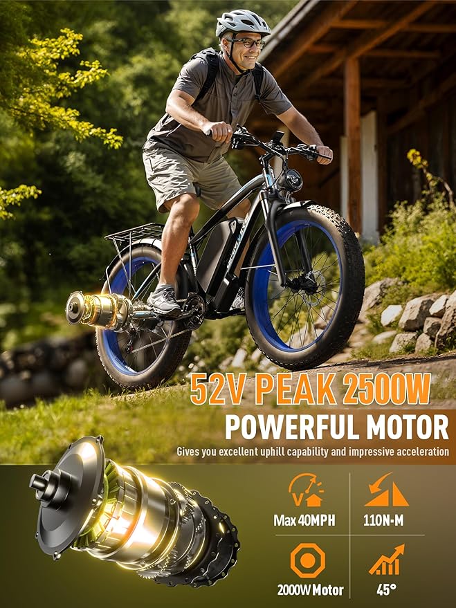 Ebike for Adults Electric, 52V 19.2Ah/32Ah, Peak 2000W/2500W E-Bike, 36/40MPH, 70 Miles/100Miles Long Range, Hydraulic Disc Brake, Off Road Snow Mountain E-Bike, 24"/26" Fat Tire Fast Electric Bicycle