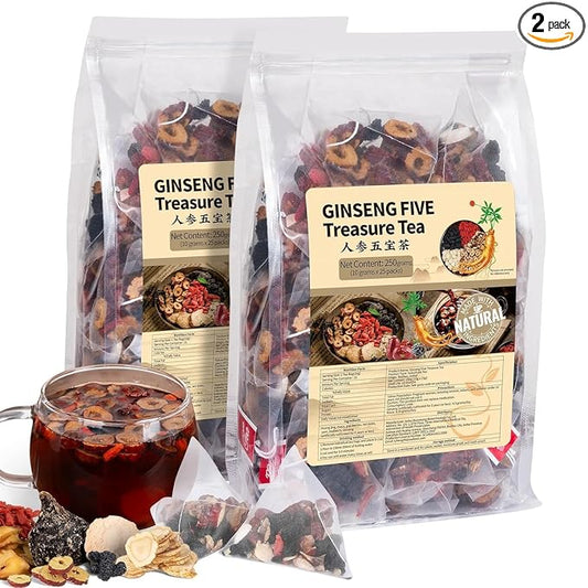 Ginseng Five Treasures Kidney Tea - Traditional Chinese Herbal, Natural Organic Cleanse Detox Tea for Women & Men, 7 Precious Ingredients Formula (2 Pack/50 Bags)