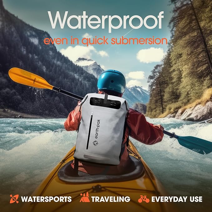 Earth Pak Waterproof Backpack - Heavy Duty Hiking Backpack - Roll-Top Closure Bag - Cushioned Dry Bag Waterproof Phone Case
