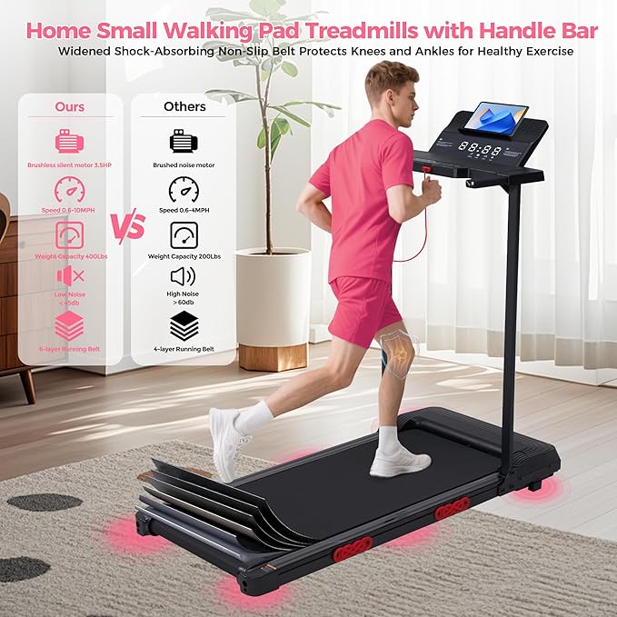 Foldable Folding Walking Pads Treadmills for Home with Handles, 3.5HP Electric Walking Pad Treadmill with Handle Bar, 0.6-10MPH Compact Portable Home Small Treadmills for Small Spaces, 400LBS