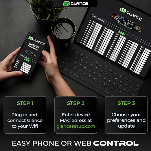 Glance LED Ticker - Customizable LED Display Sports Ticker, LED Display for Man Cave, Stock Market Ticker Display, Sports Score Retro Smart Pixel Display, Weather Display - 8"x4" Made in USA