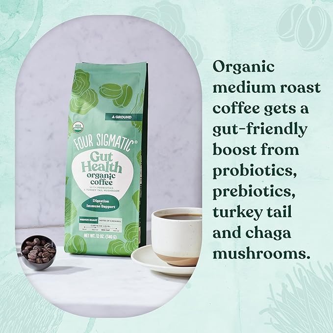 Four Sigmatic Gut Health Organic Ground Coffee | Medium Roast, Immune Boosting Probiotic Mushroom Coffee with Chaga & Turkey Tail for Gut Health & Immune Support | 12oz Bag