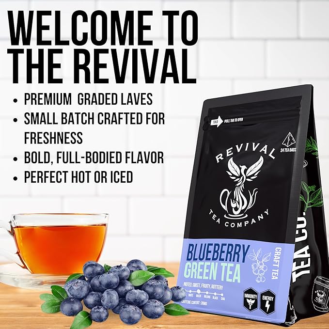 Revival Tea Company Blueberry Green Tea - Green Tea Blend with Natural Blueberry Flavor - Loose Leaf 6 Ounces