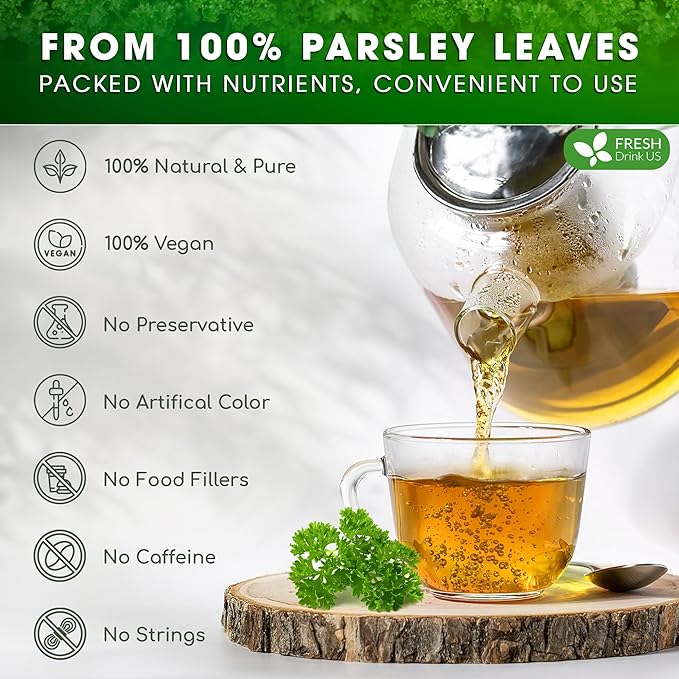 FreshDrinkUS, Premium 135 Parsley Leaf Tea Bags, 100% Natural & Pure from Parsley Leaves. Loose Leaf Parsley Herbal Tea. Made with Natural Material Tea Bags. No Sugar, No Caffeine, No Gluten, Vegan.