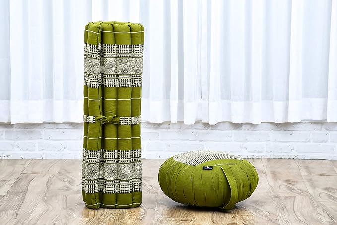 Leewadee Meditation Cushion Set – 1 Round Zafu Meditation Pillow and 1 Square Roll-Up Zabuton Meditation Mat, Pillows Bundle Filled with Kapok