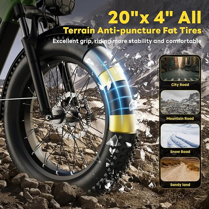 Electric Bike for Adults 1400W Peak, 48V 20AH(960WH) Removable Battery, 20"x4" Fat Tire Full Suspension 80 Miles Range Step-Thru 30+MPH Hunting Ebike, 7-Speed Dual Brakes Electric Bicycle