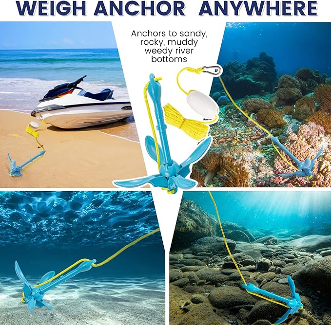 Dreizack Kayak Anchor Kit, 3.5 lb Folding Grapnel Boat Anchor Trolley Accessories with 40ft Rope and PVC Buoy for Fishing Kayaks SUP Paddle Boards Canoes Jet Ski PWC Inflatable Small Boats