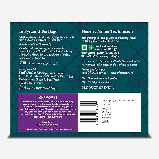 TGL Co. Chamomile Tea – 16 Tea Bags | Herbal Caffeine-Free | Soothing Bedtime Blend | Natural & Calming Chamomile Flowers | Premium Loose Leaf Tea in Pyramid Bags