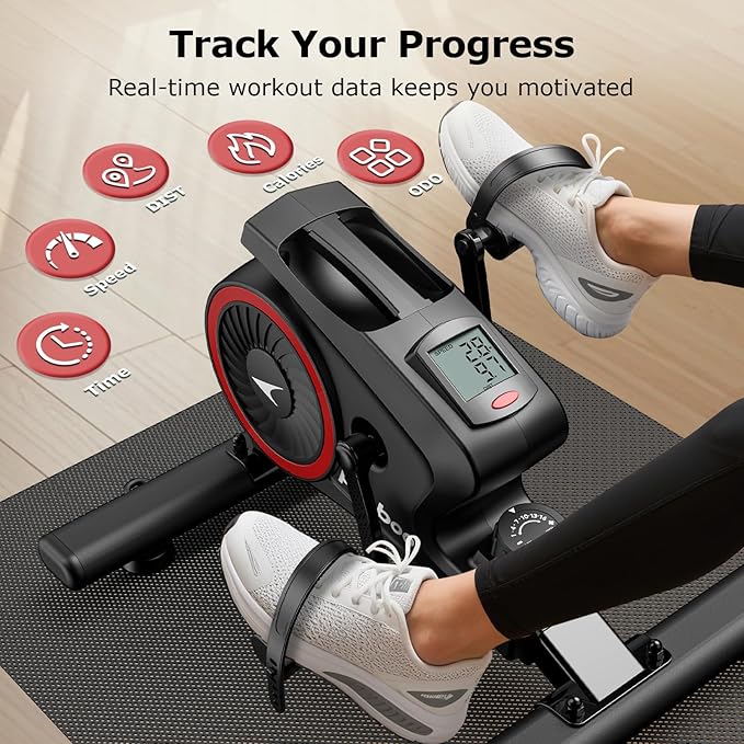 pooboo Under Desk Bike Pedal Exerciser, Quiet Magnetic Mini Exercise Bike with 16 Resistance Levels, Arm & Leg Workout, Resistance Bands & Non-Slip Mat for Home Office Therapy