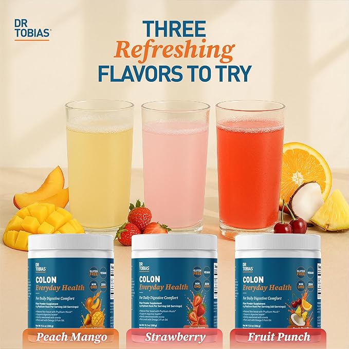 Dr. Tobias Colon Everyday Health - Gut Health for Women & Men - Psyllium Fiber Powder Drink with 4g Psyllium Husk Powder per Serving, Vegan, Gluten Free, Non-GMO, Peach Mango, 60 Servings