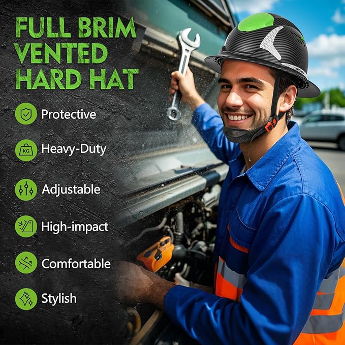 GREEN DEVIL Matrix Full Brim Hard Hat with Headlight Vented Construction Safety Helmet OSHA Approved Cascos De Construccion Work Hardhat for Men&Women
