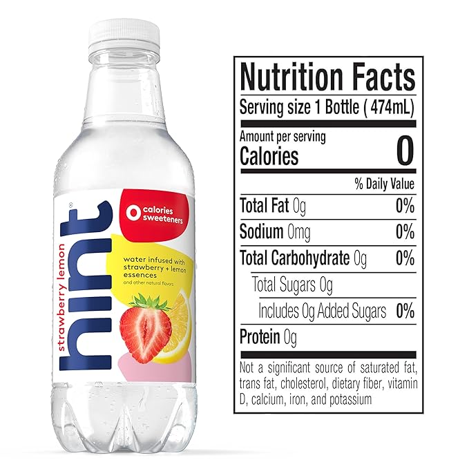 Hint Water Strawberry Lemon, Pure Water Infused with Strawberry and Lemon, Zero Sugar, Zero Calories, Zero Sweeteners, Zero Preservatives, Zero Artificial Flavors,16 Ounce Bottles, (Pack of 12)