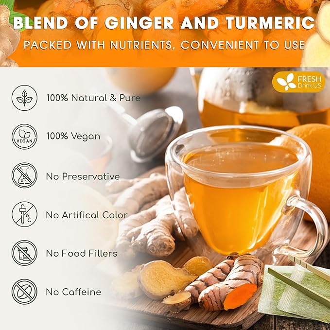 FreshDrinkUS, Premium 85 Ginger Turmeric Tea Bags, 100% Natural Ingredients, Hand-made Blend of Ginger and Turmeric Herbal Tea, Eco-conscious Tea Bags. No Sugar, No Caffeine, No Gluten, Vegan.