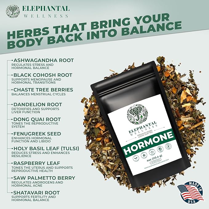 Elephantal Wellness Premium Hormone Herbal Tea | PCOS, Hormonal Balance & Mood Support with Chaste Berry, Shatavari, Dong Quai & Black Cohosh | Handmade, Non-GMO, Caffeine-Free Loose Leaf Blend – 4oz Loose Leaf, 40 Servings