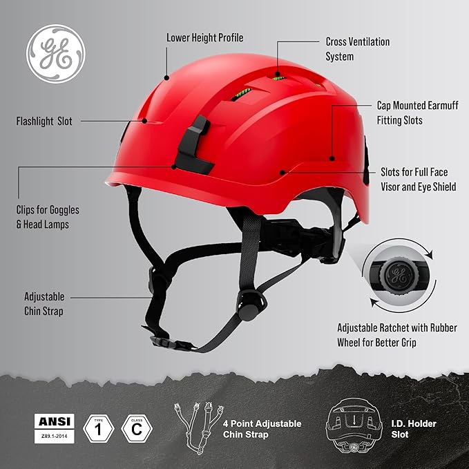 GE Safety Helmet, Impact Absorbing Tech, Adjustable Ratchet, ANSI Type 1, Memory Foam Padding, Hard Hats Protection, Lightweight, Durable, Chin Strap, Comfortable Fit OSHA Approved