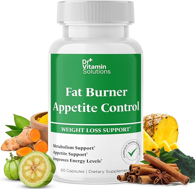 DR VITAMIN SOLUTIONS Fat Burner & Appetite Control Weight Loss Supplements for Women & Men - Metabolism Booster w/L-Carnitine, CLA, Chromium - Appetite Suppressant for Weight Loss - 60 Capsules
