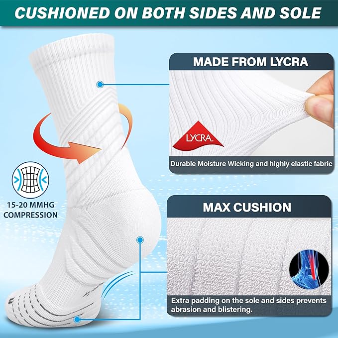 Hylaea Compression Running Socks for men, Coolmax Anti-Blister Cushion Crew Socks for Athletic, Moisture Wicking & Seamless