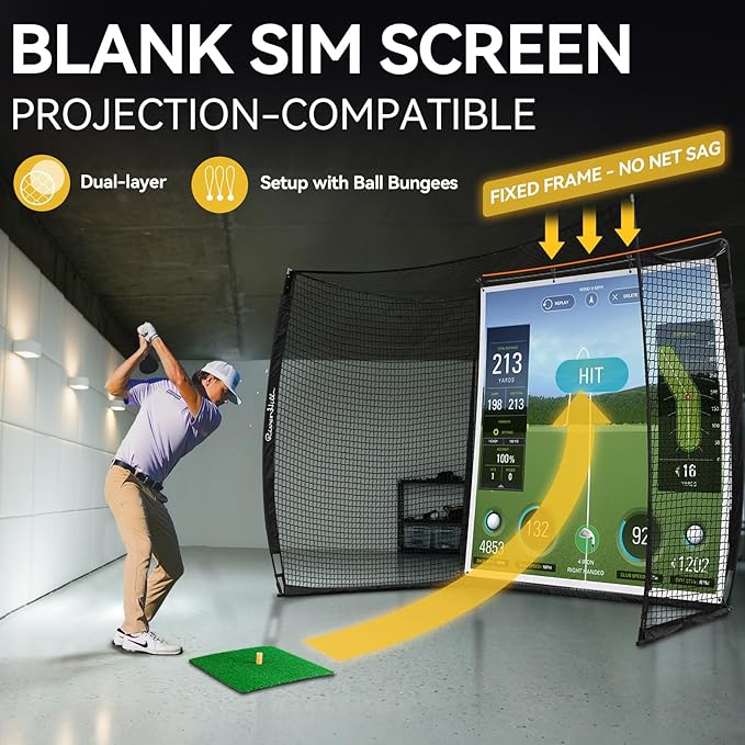 Golf Cage with Impact Screen, 10x8 Ft Golf Hitting Net w/Sound-Dampening Cloth, Practice Mat, Golf Simulator Enclosure, Indoor & Outdoor Driving Chipping Equipment for Home, Backyard & Garage