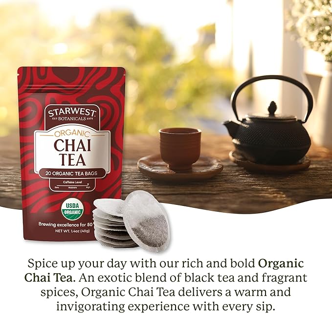 Starwest Botanicals Organic Chai Tea - Caffeinated Herbal Blend with Black Tea & Cinnamon, String Free Sachets, USDA Organic, Non GMO - 20 Tea Bags