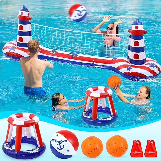 EagleStone Inflatable Pool Float Set with Volleyball Net & Basketball Hoop,2-in-1 Floating Water Games for Kids Adults, Backyard Beach Summer Toys, Heavy-Duty PVC Family Pool Party Essentials