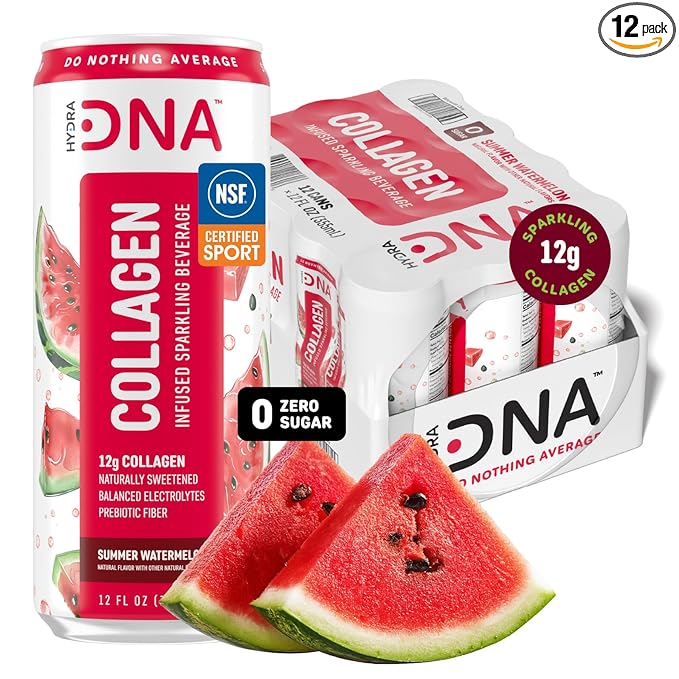 HYDRADNA- Sparkling Liquid Collagen Protein Water Drink Balanced Nutrients for Wellness - Sugar-Free - Keto-Friendly - No Gluten (12 Pack) Watermelon