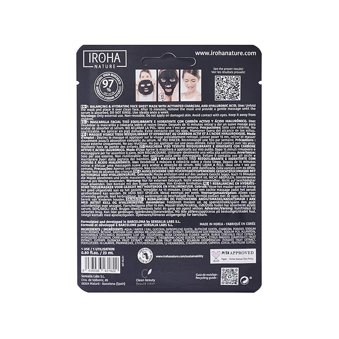 IROHA NATURE Rebalancing & Hydrating Tissue Face Mask | 15 Pieces | With Charcoal & Hyaluronic Acid | Deep Purifying for Clean, Clear Skin | Results in 15 Minutes | 100% Vegan