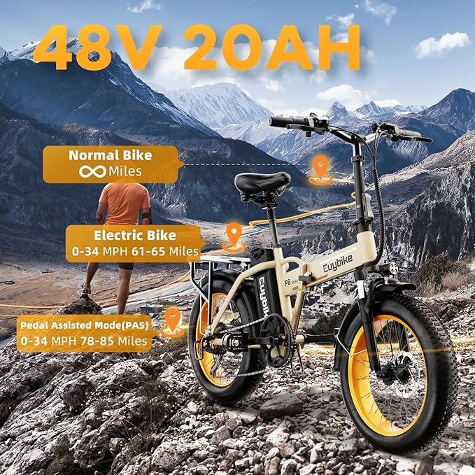 1000W Folding Electric Bike, 48V 20AH Large Removable Battery E Bike, 30+MPH, 80 Miles Max Range, 20" Fat Tire Electric Bike for Adults, Adult Electric Bicycles for Commute Beach Snow