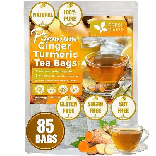 FreshDrinkUS, Premium 85 Ginger Turmeric Tea Bags, 100% Natural Ingredients, Hand-made Blend of Ginger and Turmeric Herbal Tea, Eco-conscious Tea Bags. No Sugar, No Caffeine, No Gluten, Vegan.