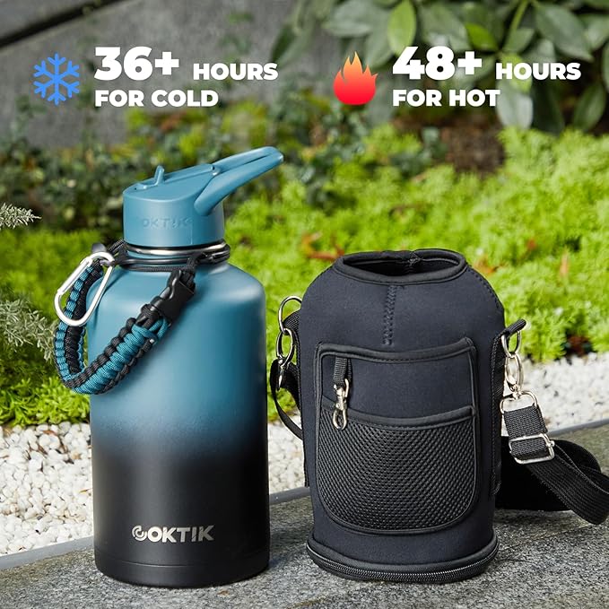 Half Gallon Insulated Water Bottle, 64 oz Triple Wall Stainless Steel Flask, Keeps Drinks Cold for 48 Hrs Leak-Proof & BPA-Free Half Gallon Jug with Paracord Handle, Straw & Spout Lids(Indigo Black)