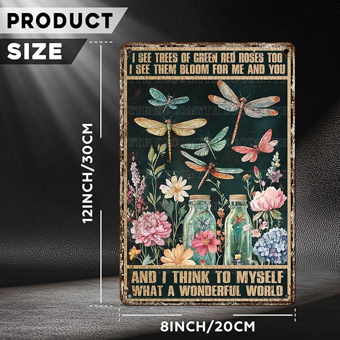 Dragonfly Decor And I Think To Myself What A Wonderful World Vintage Metal Tin Sign Decorative Plaque Poster 12 * 8inch