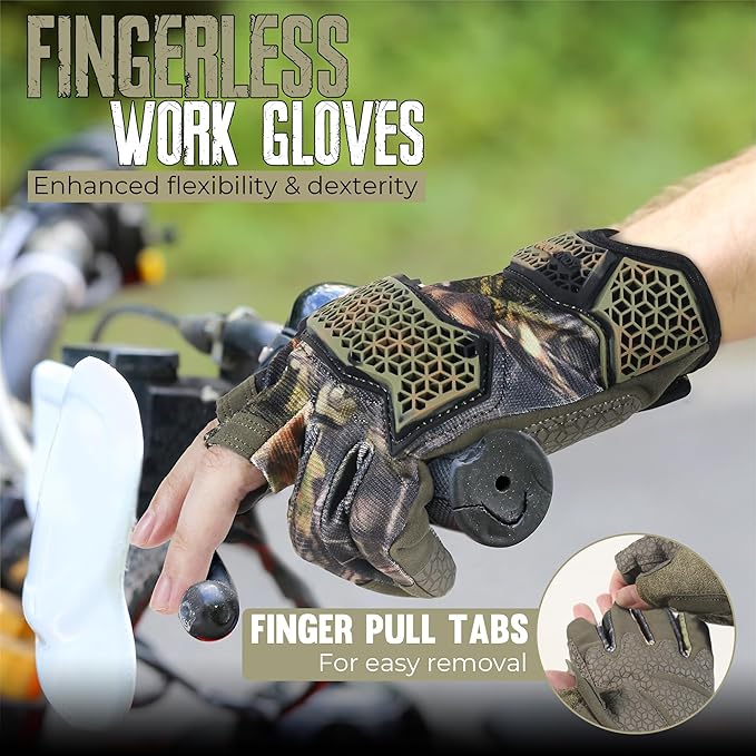 HANDLANDY Fingerless Framer Work Gloves for Men, Utility Grip Paded Gloves for Tactical Shooting Airsoft Hunting Driving (Camo- 3 Fingerless, Medium (Pack of 1))