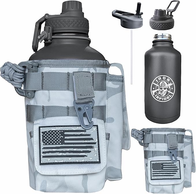 Iron Infidel Battle Bottle - Half Gallon Insulated Water Bottle with Paracord Handle, 64 oz Stainless Steel 2L Water Jug with Rugged, Removable Sleeve for Keys, Wallet, & Phone (Arctic Camo 2 Liter)