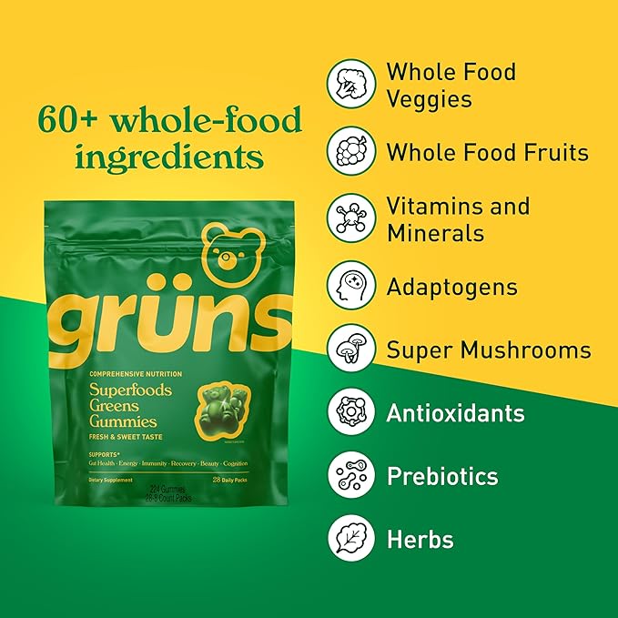 Gruns Adults Super Greens Gummies, Multivitamin Superfood Gummy Bears with Spirulina, Chlorella, Prebiotics & Fiber for Digestive Health, Adaptogens Supplement with 20 Vitamins & Minerals, 28 Count