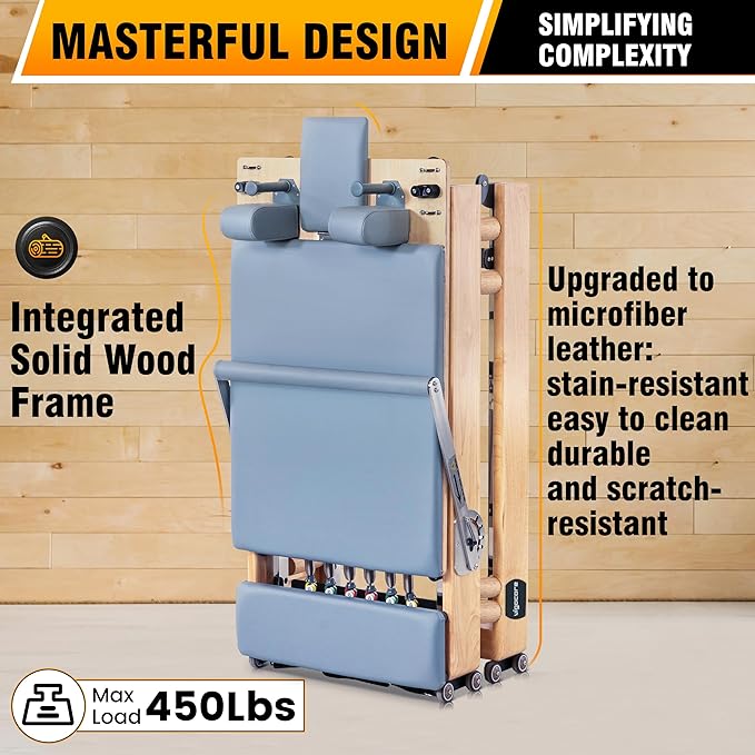 Foldable Wooden Pilates Reformer Machine with Ultra-Fiber Leather Seat, Oak Frame, Adjustable Resistance, Full-Size for Heights 4’ to 5’9”, Home and Studio Use, 480lbs Capacity