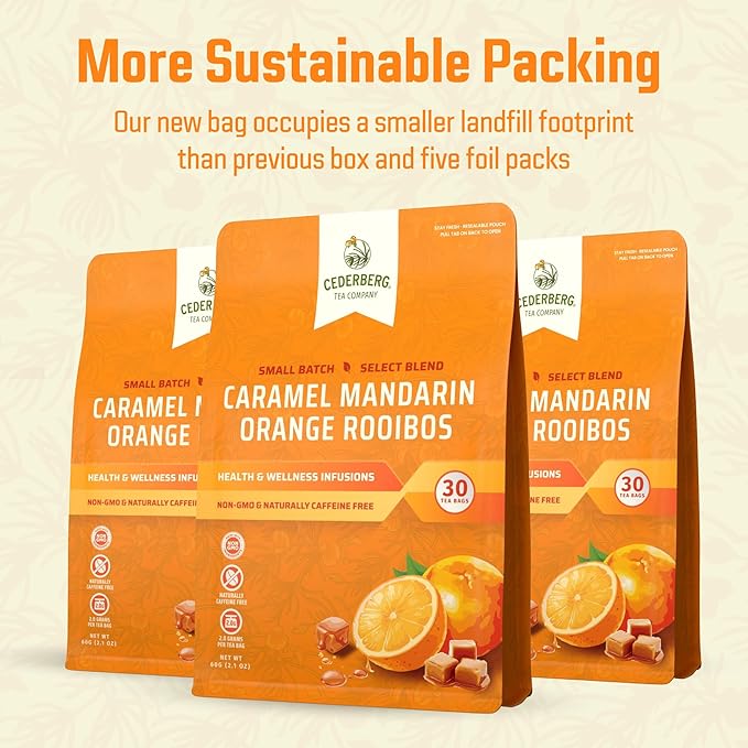 Cederberg Tea Company Caramel Mandarin Orange Rooibos Tea Bags - Made with Organic Red Rooibos Tea, South African Herbal Tea, Naturally Caffeine Free Tea, Small Batch - Select Blend Non-GMO, Premium Leaf, Antioxidant-Rich, 30 Count